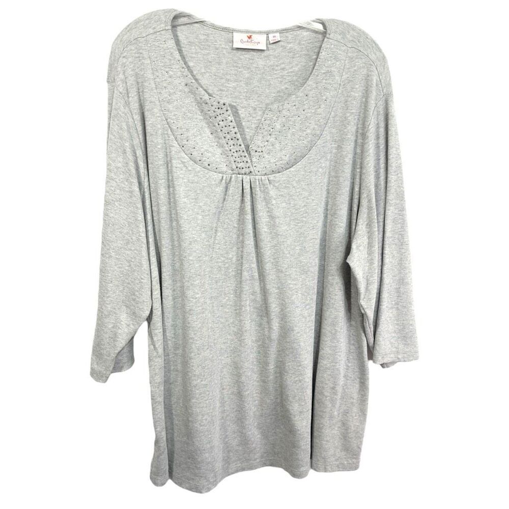Quacker Factory Plus‎ Size 3X Top Rhinestone V Neck Gray Knit Pullover 852